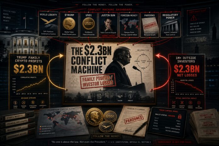 Forensic compliance illustration showing a Trump-linked crypto profit machine connecting presidential power, World Liberty Financial, USD1, investor losses, foreign capital and regulatory conflicts.